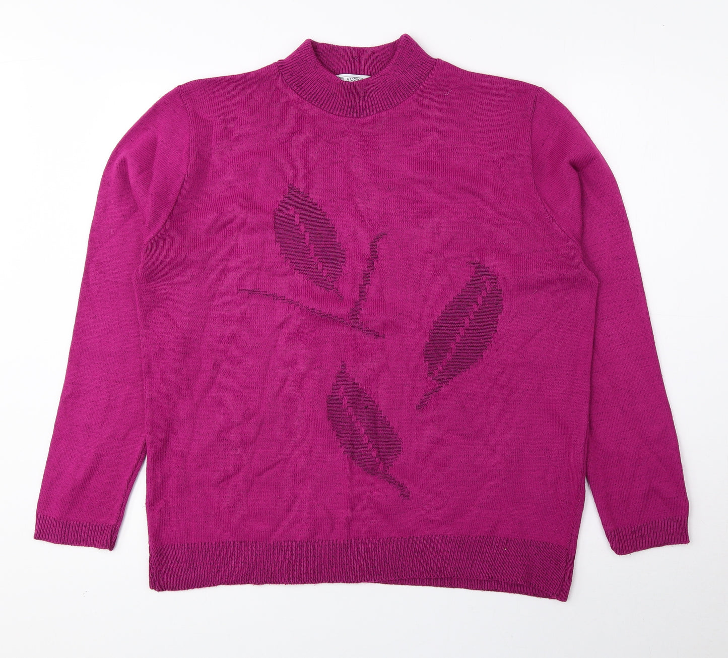 Classic Womens Pink High Neck Floral Acrylic Pullover Jumper Size L