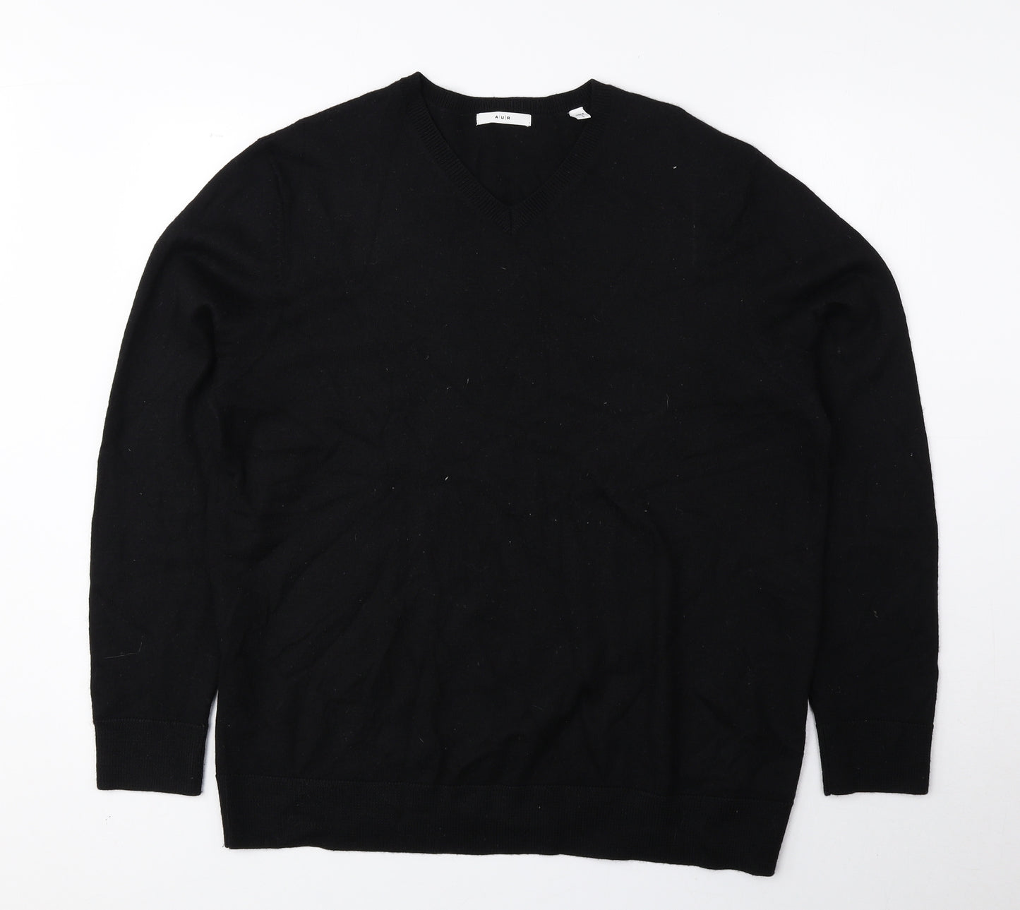 AUR Mens Black V-Neck Wool Pullover Jumper Size L