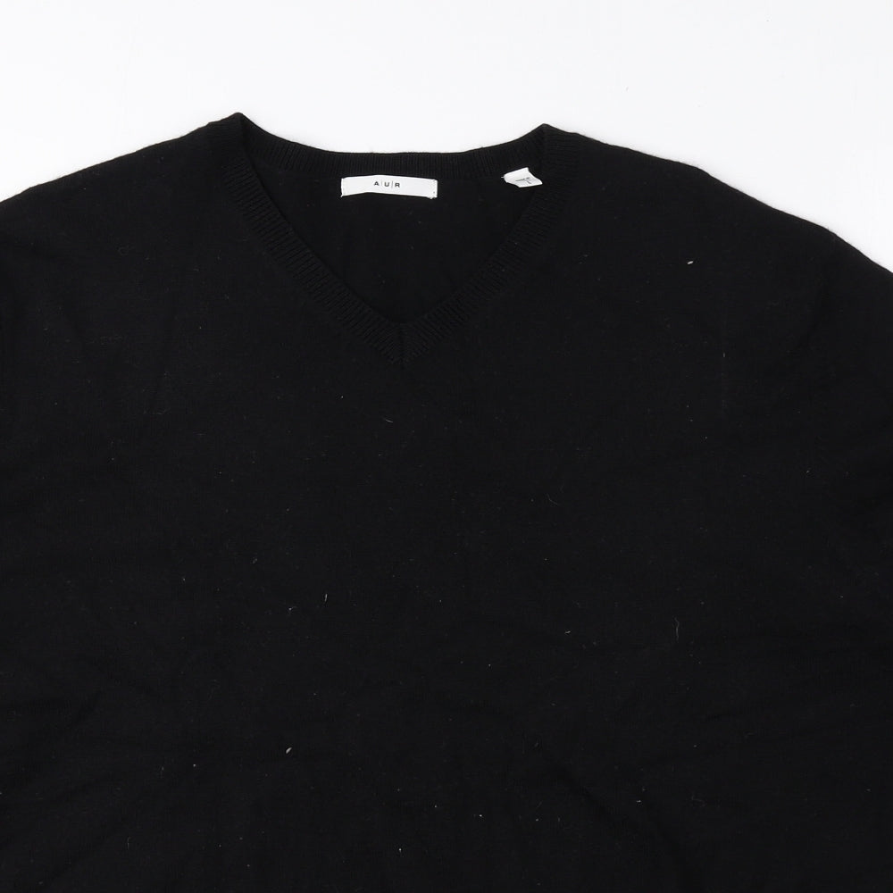 AUR Mens Black V-Neck Wool Pullover Jumper Size L