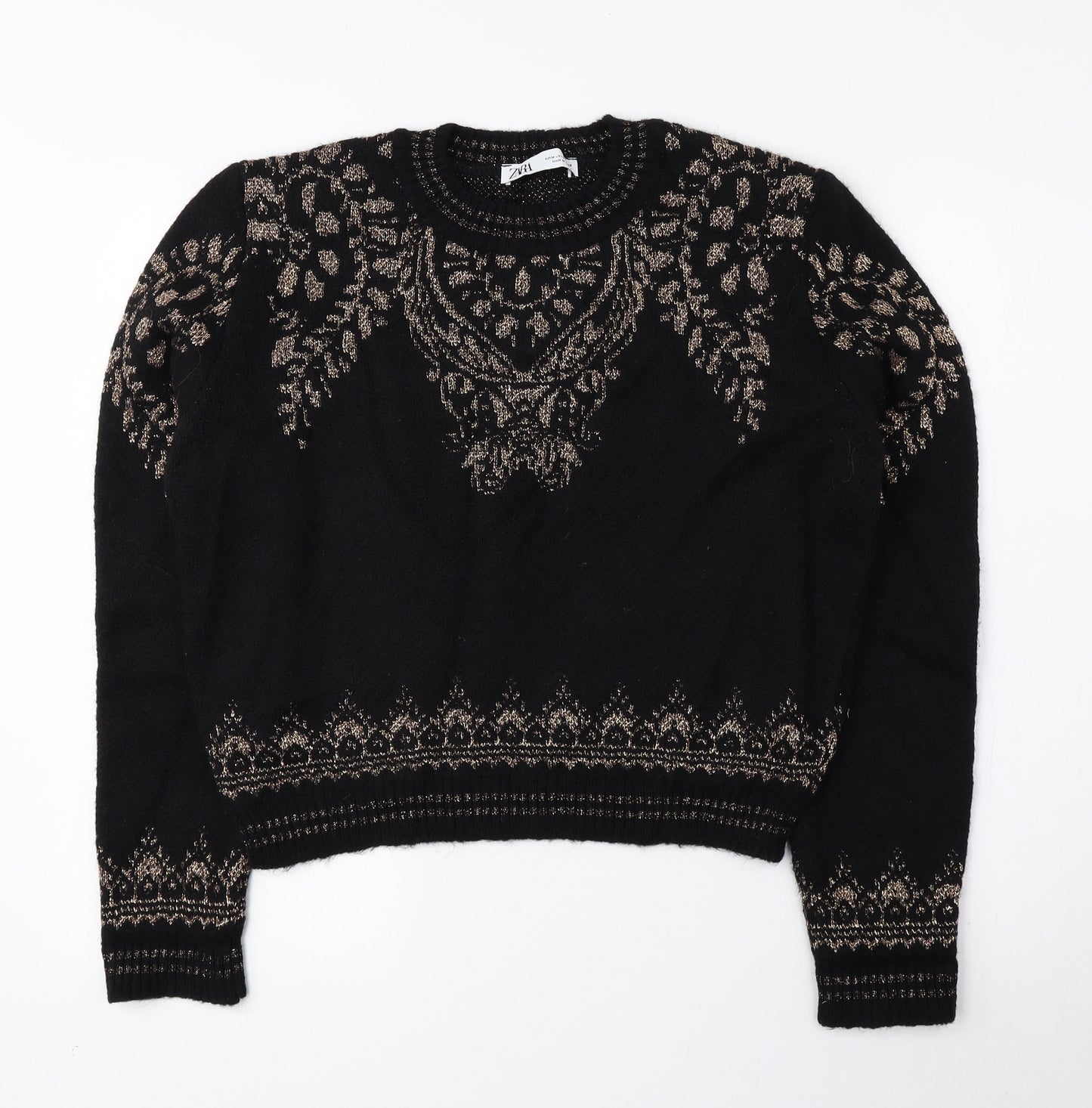 Zara Womens Black Round Neck Fair Isle Acrylic Pullover Jumper Size M