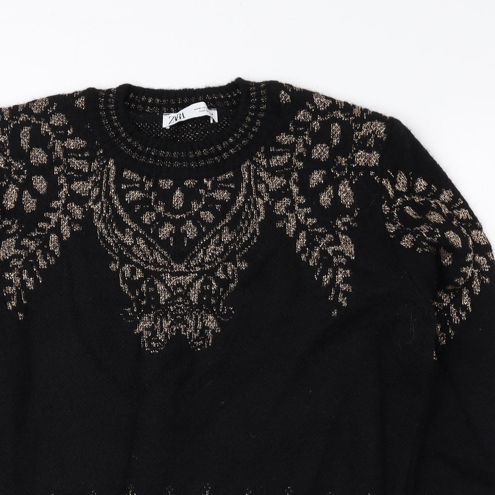 Zara Womens Black Round Neck Fair Isle Acrylic Pullover Jumper Size M