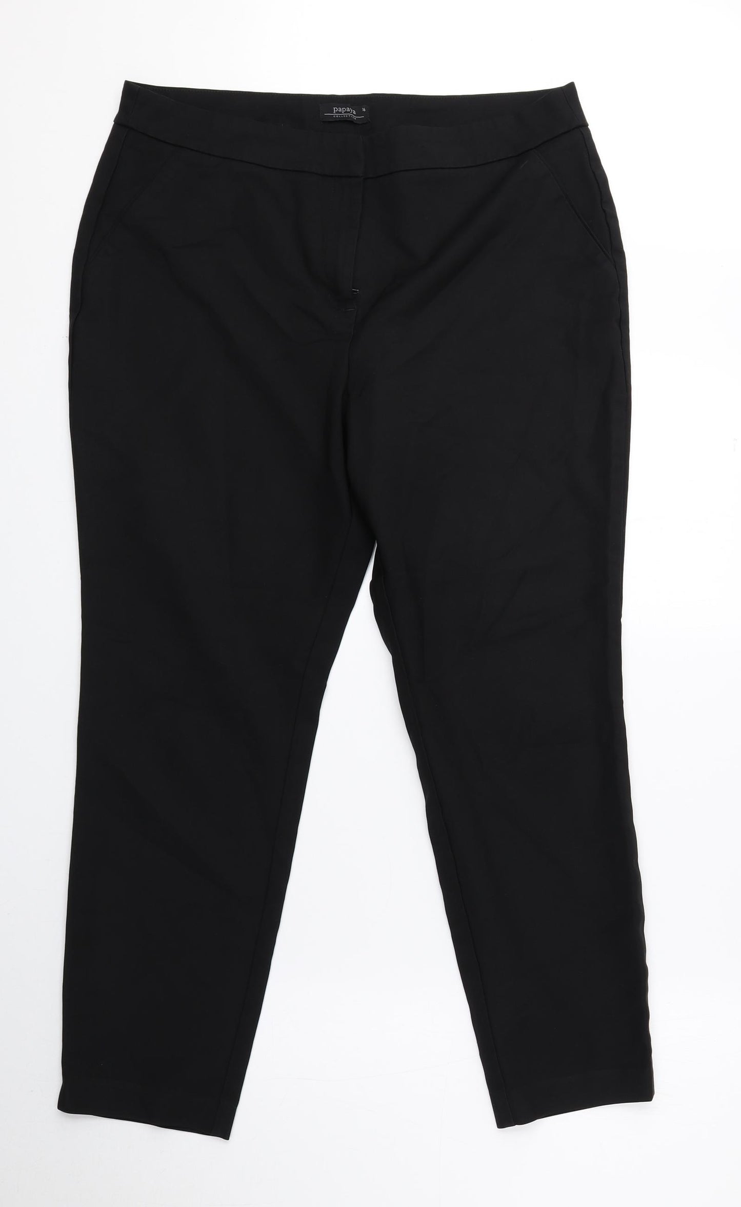 Papaya Womens Black Cotton Trousers Size 16 L24.5 in Regular Hook & Eye