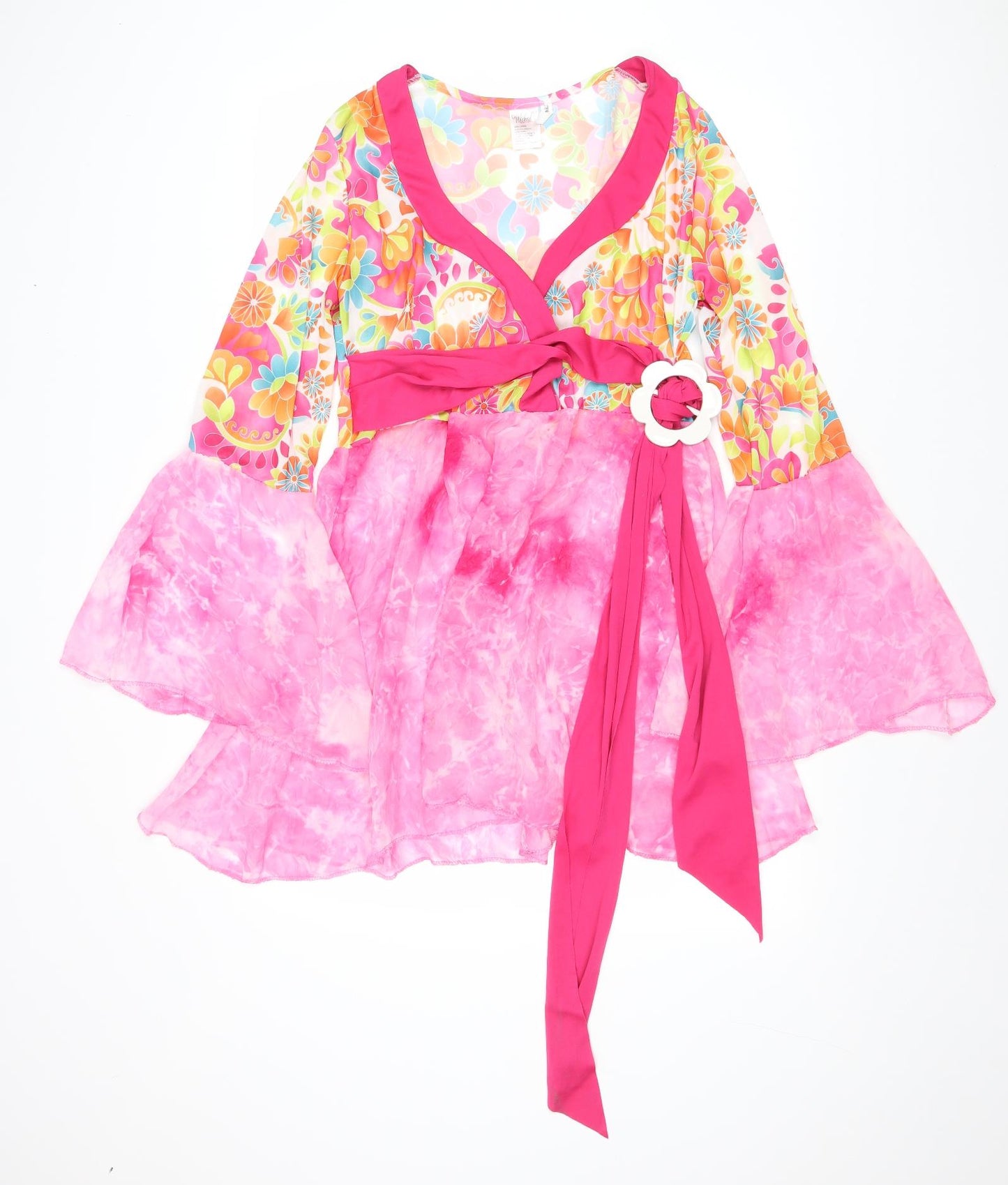 Wicked Costumes Womens Pink Floral Polyester Basic Blouse Size L V-Neck - 70's costume