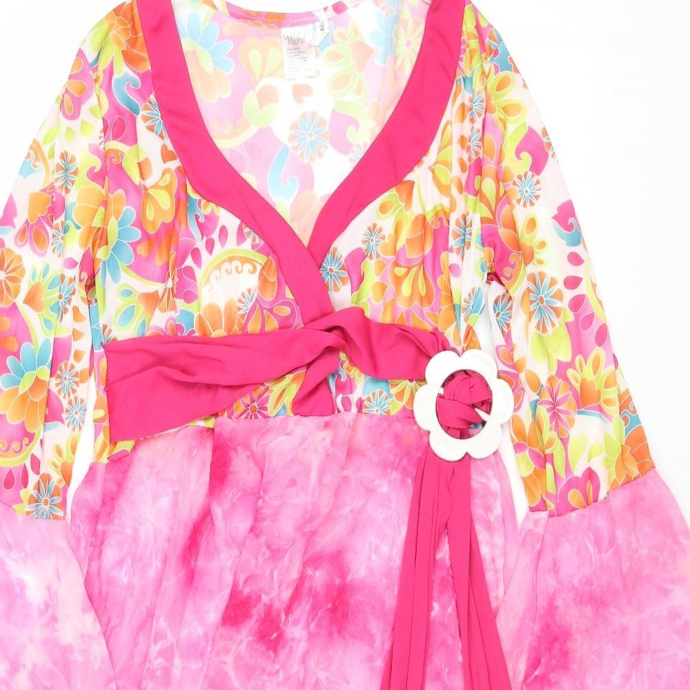 Wicked Costumes Womens Pink Floral Polyester Basic Blouse Size L V-Neck - 70's costume