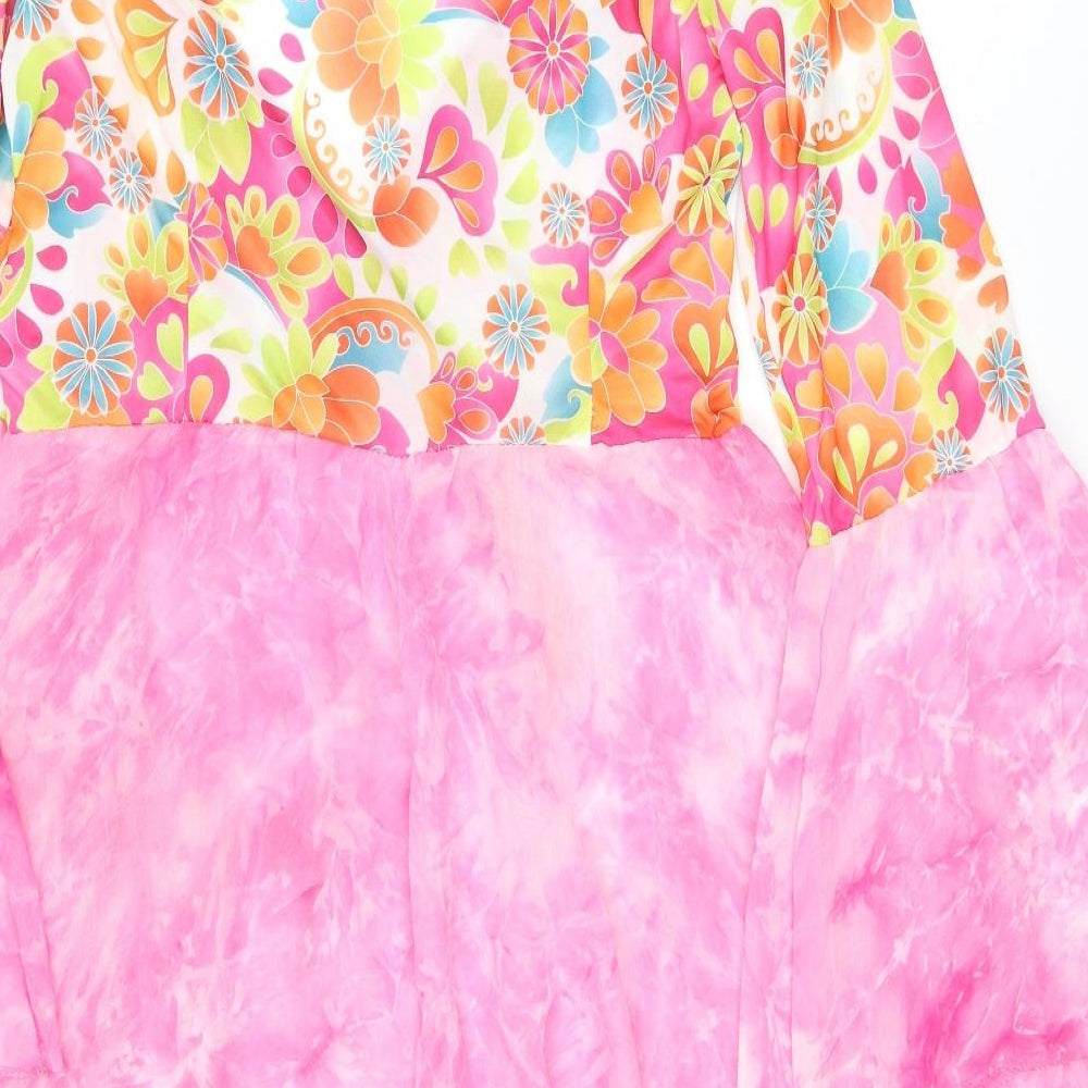 Wicked Costumes Womens Pink Floral Polyester Basic Blouse Size L V-Neck - 70's costume