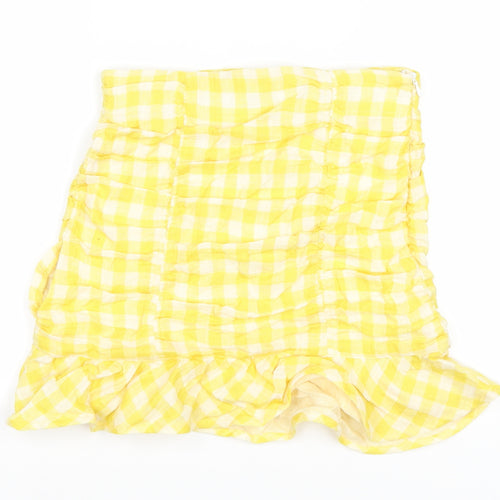 Zara Womens Yellow Plaid Cotton Mini Skirt Size XS Zip - Ruched
