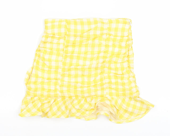 Zara Womens Yellow Plaid Cotton Mini Skirt Size XS Zip - Ruched