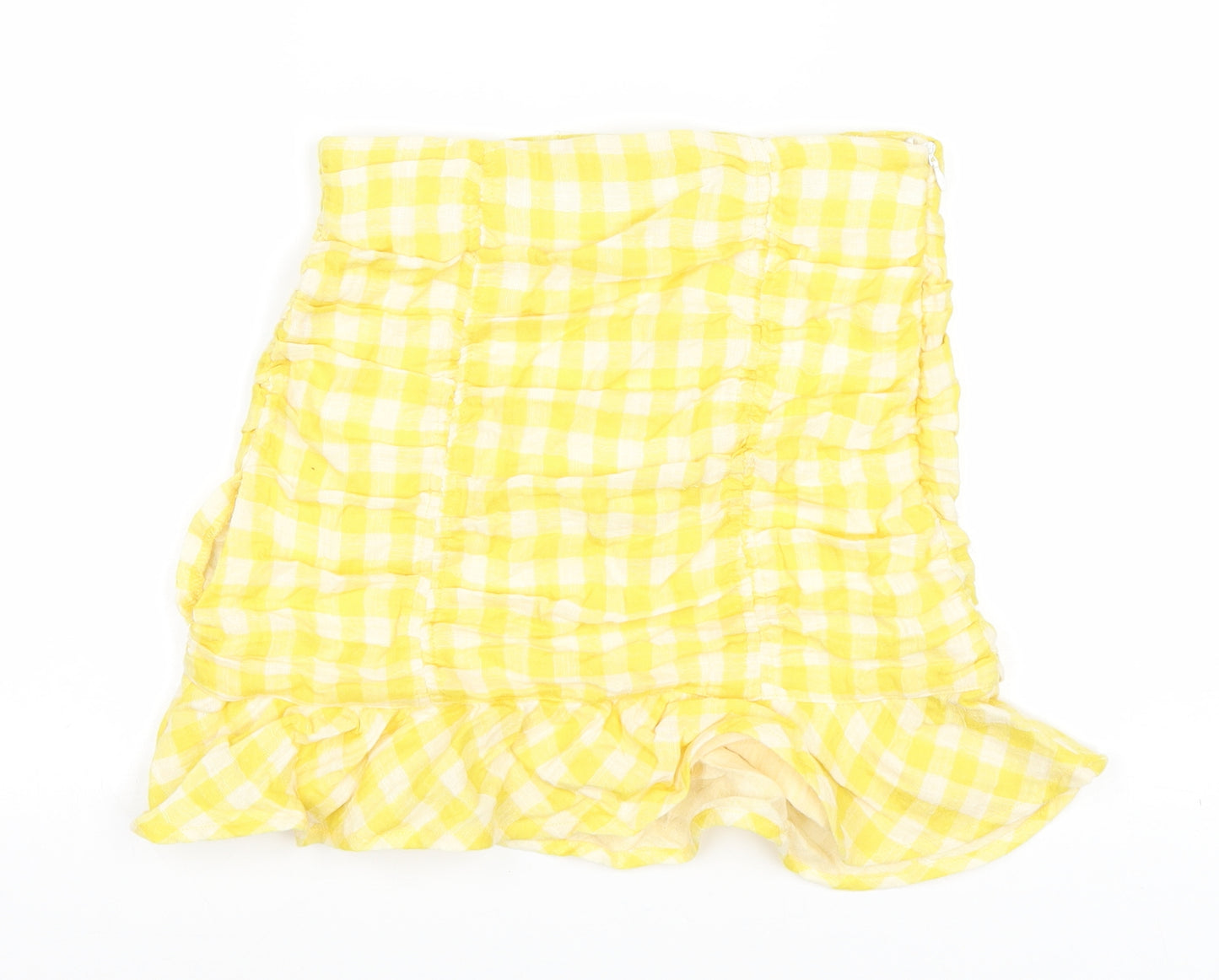 Zara Womens Yellow Plaid Cotton Mini Skirt Size XS Zip - Ruched