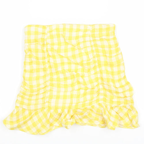 Zara Womens Yellow Plaid Cotton Mini Skirt Size XS Zip - Ruched
