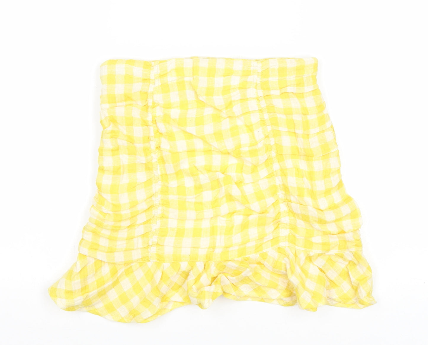 Zara Womens Yellow Plaid Cotton Mini Skirt Size XS Zip - Ruched