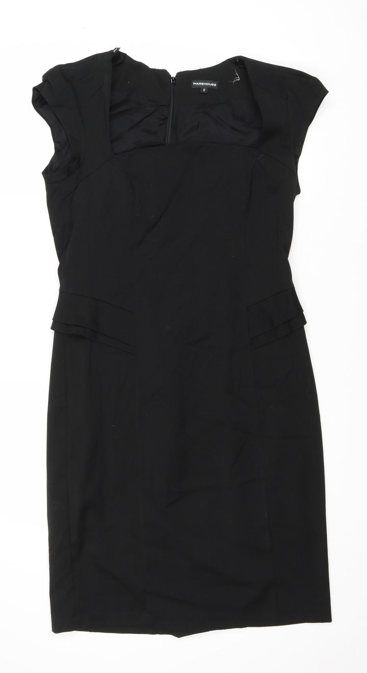 Warehouse Womens Black Polyester Sheath Size 14 Square Neck Zip