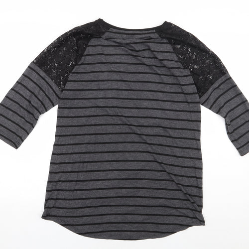 George Womens Grey Striped Polyester Basic Blouse Size 12 Round Neck - Lace Detail
