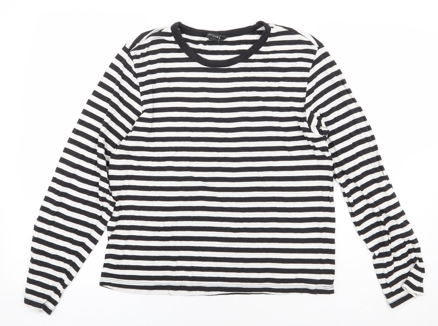 Monkl Womens White Striped Cotton Basic T-Shirt Size S Round Neck