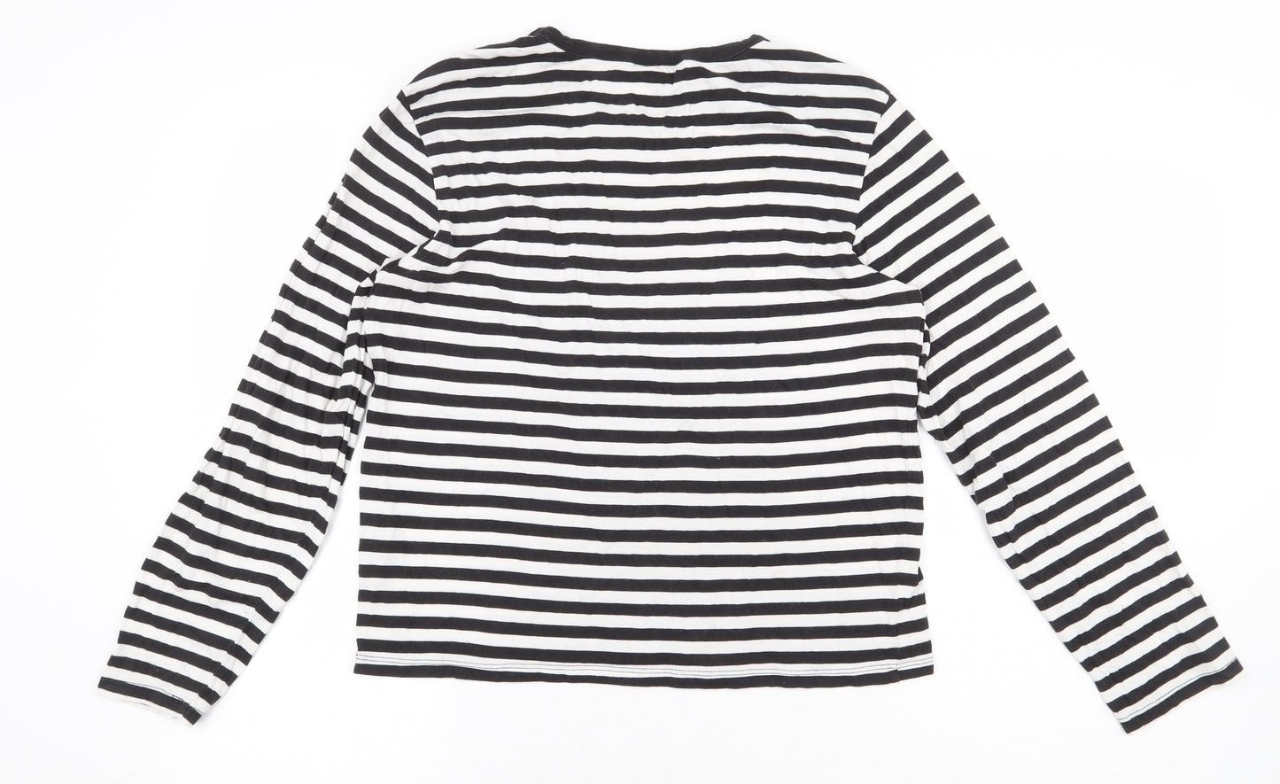 Monkl Womens White Striped Cotton Basic T-Shirt Size S Round Neck