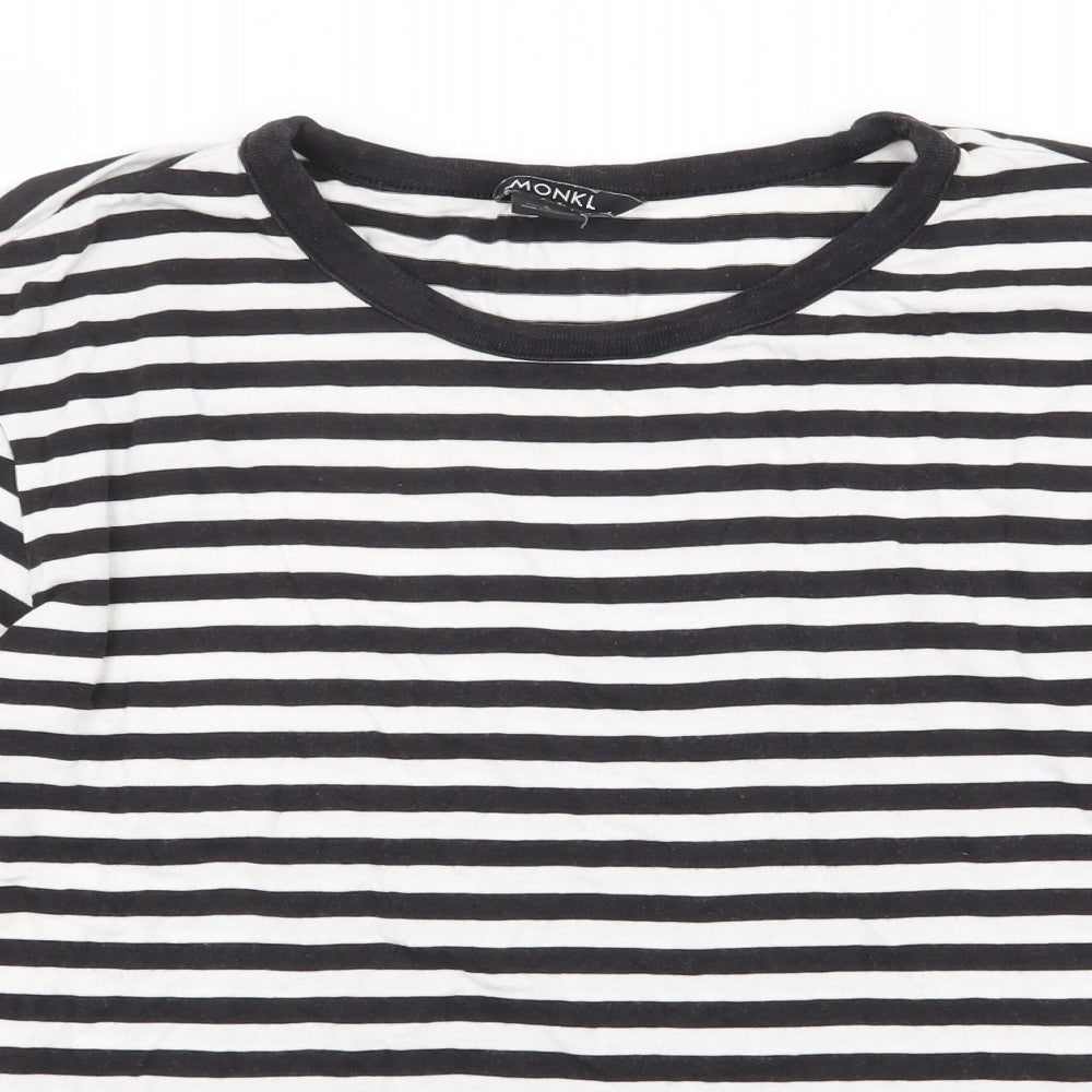 Monkl Womens White Striped Cotton Basic T-Shirt Size S Round Neck