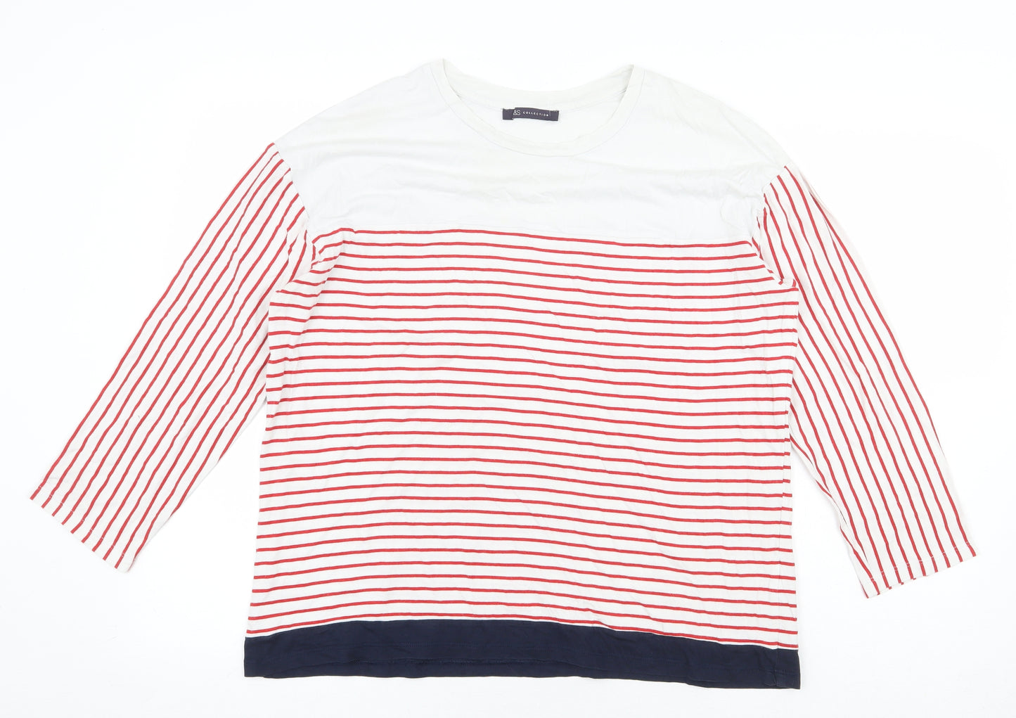 Marks and Spencer Womens White Striped 100% Cotton Basic T-Shirt Size 16 Round Neck
