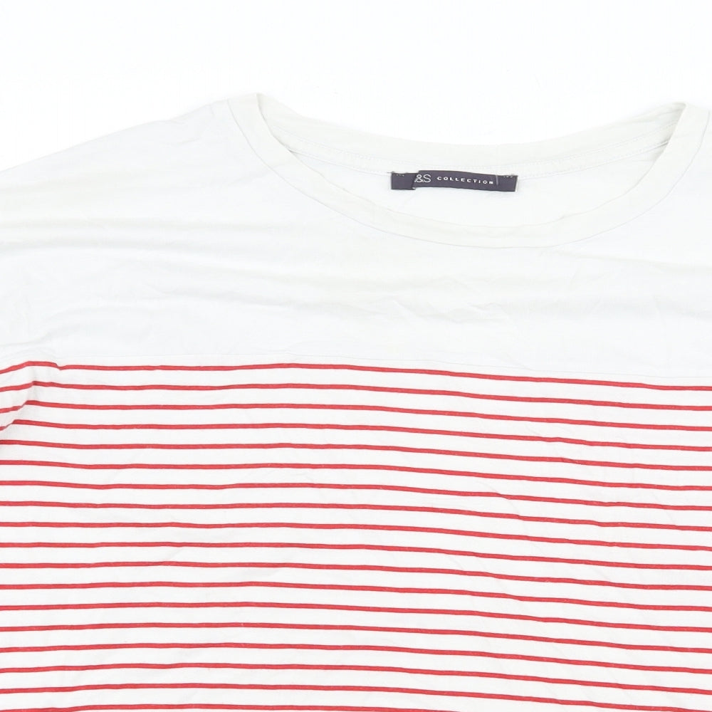 Marks and Spencer Womens White Striped 100% Cotton Basic T-Shirt Size 16 Round Neck
