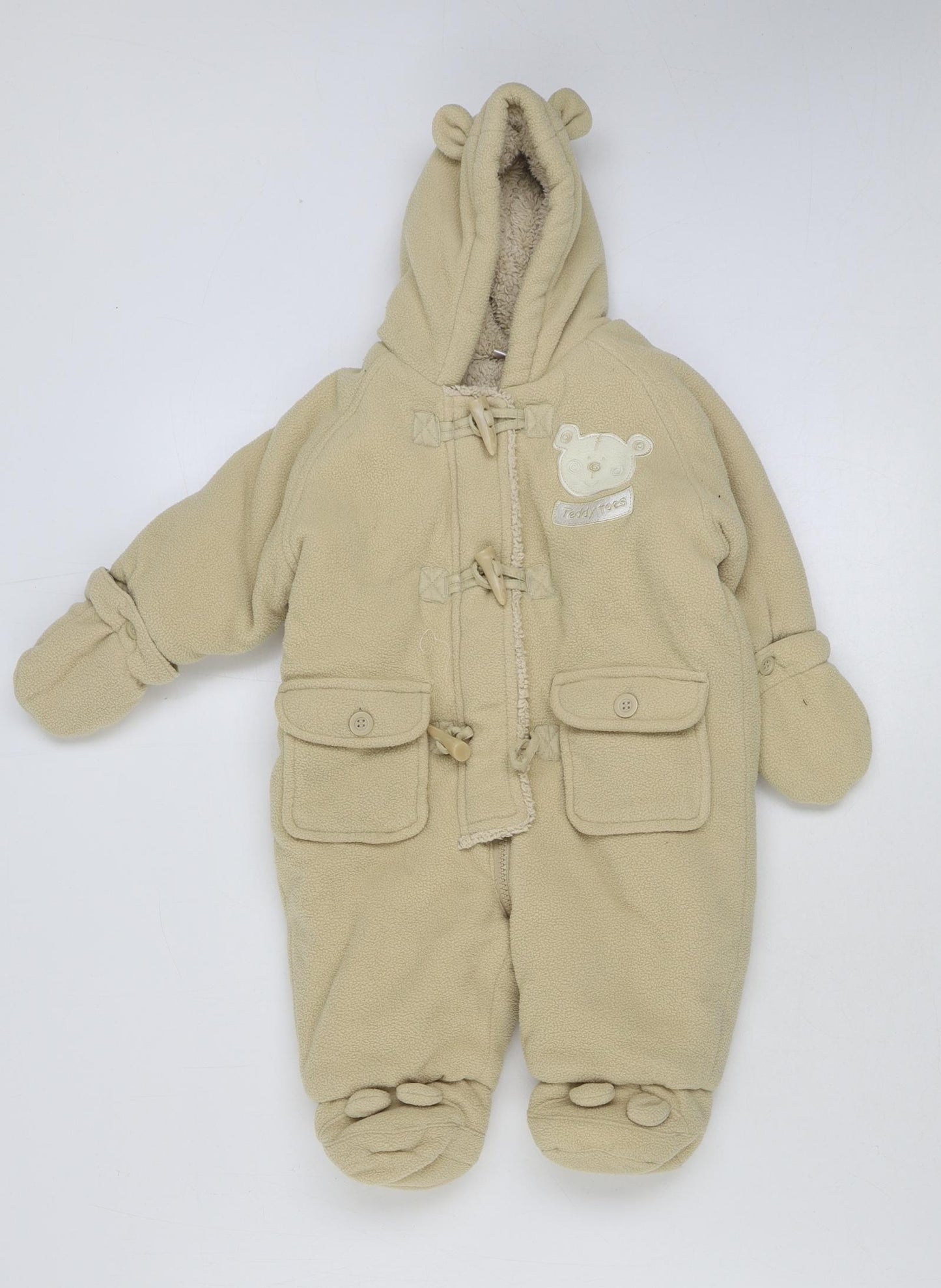 Preworn Baby Beige Overcoat Snowsuit Size 3-6 Months Zip - Teddy Bear