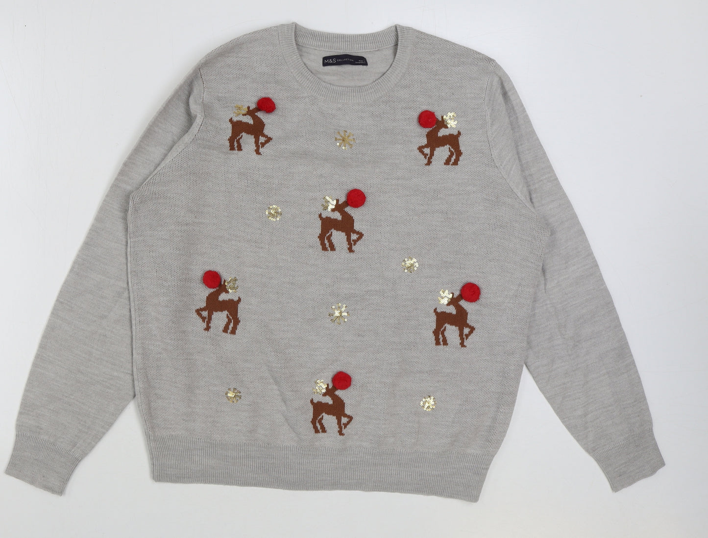 Marks and Spencer Womens Grey Round Neck Geometric Acrylic Pullover Jumper Size L - Christmas Jumper