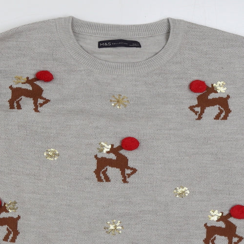 Marks and Spencer Womens Grey Round Neck Geometric Acrylic Pullover Jumper Size L - Christmas Jumper