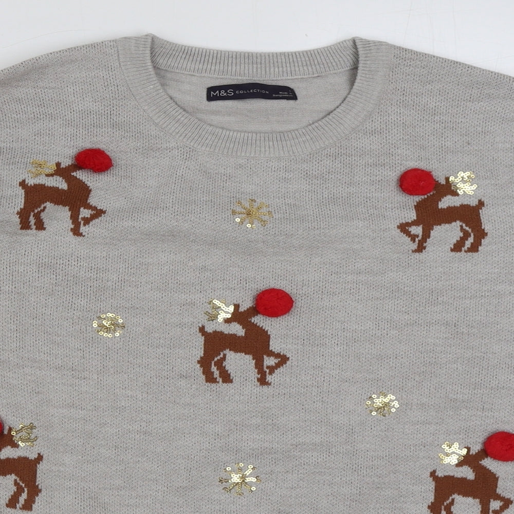 Marks and Spencer Womens Grey Round Neck Geometric Acrylic Pullover Jumper Size L - Christmas Jumper