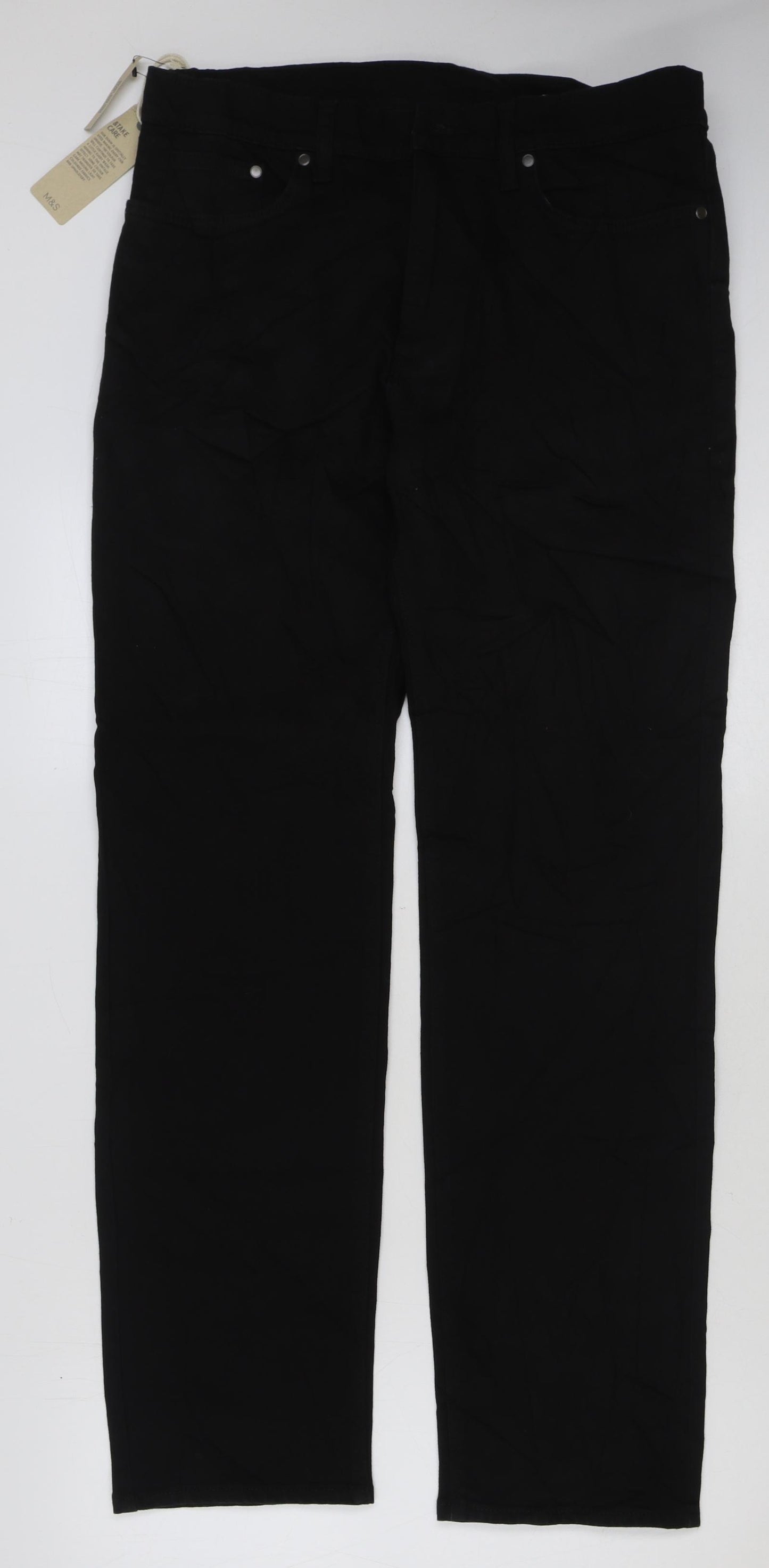 Marks and Spencer Mens Black Cotton Straight Jeans Size 34 in L31 in Regular Button
