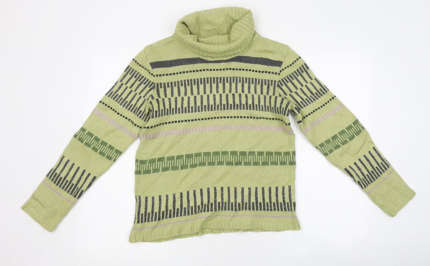 Becky Jacks Mens Green Roll Neck Geometric Acrylic Pullover Jumper Size L