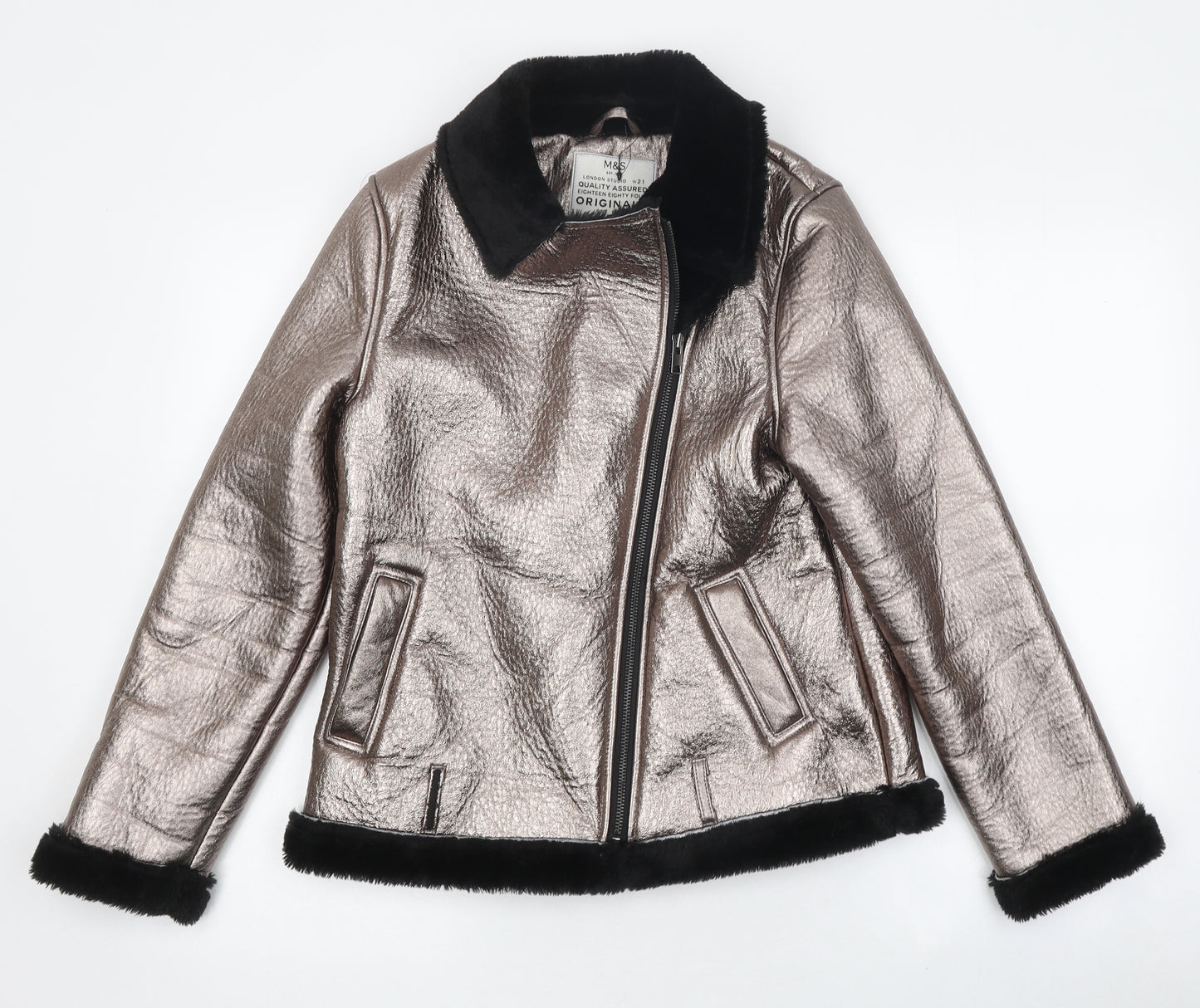 Marks and Spencer Womens Gold Biker Coat Size 12 Zip