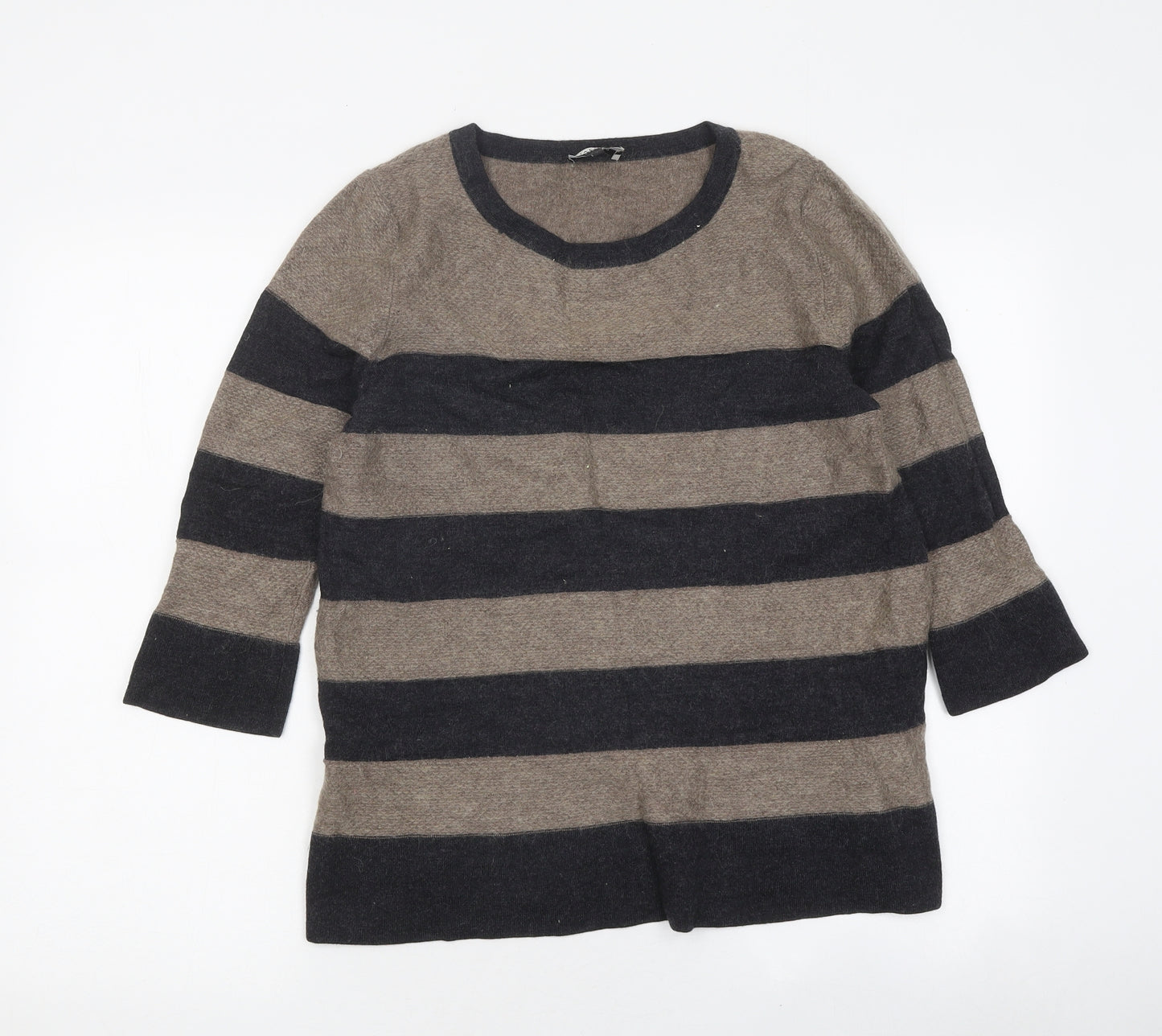 Jaeger Womens Brown Striped Polyester Basic T-Shirt Size L Round Neck