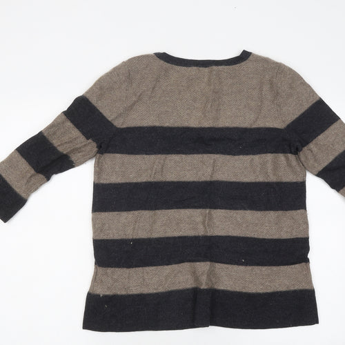 Jaeger Womens Brown Striped Polyester Basic T-Shirt Size L Round Neck