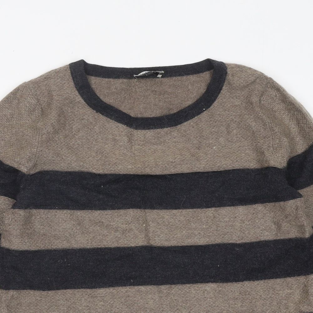 Jaeger Womens Brown Striped Polyester Basic T-Shirt Size L Round Neck