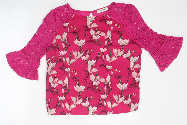 Oasis Womens Pink Floral Polyester Basic T-Shirt Size M Round Neck