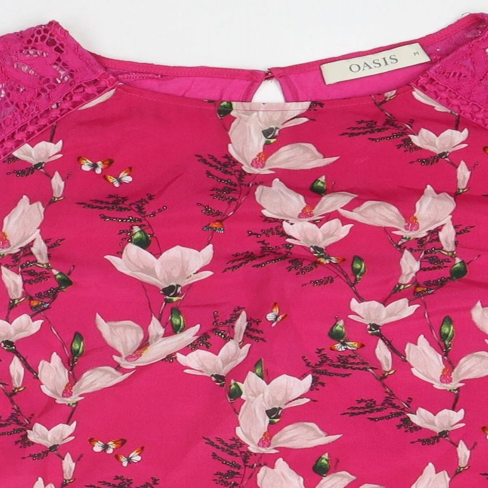 Oasis Womens Pink Floral Polyester Basic T-Shirt Size M Round Neck