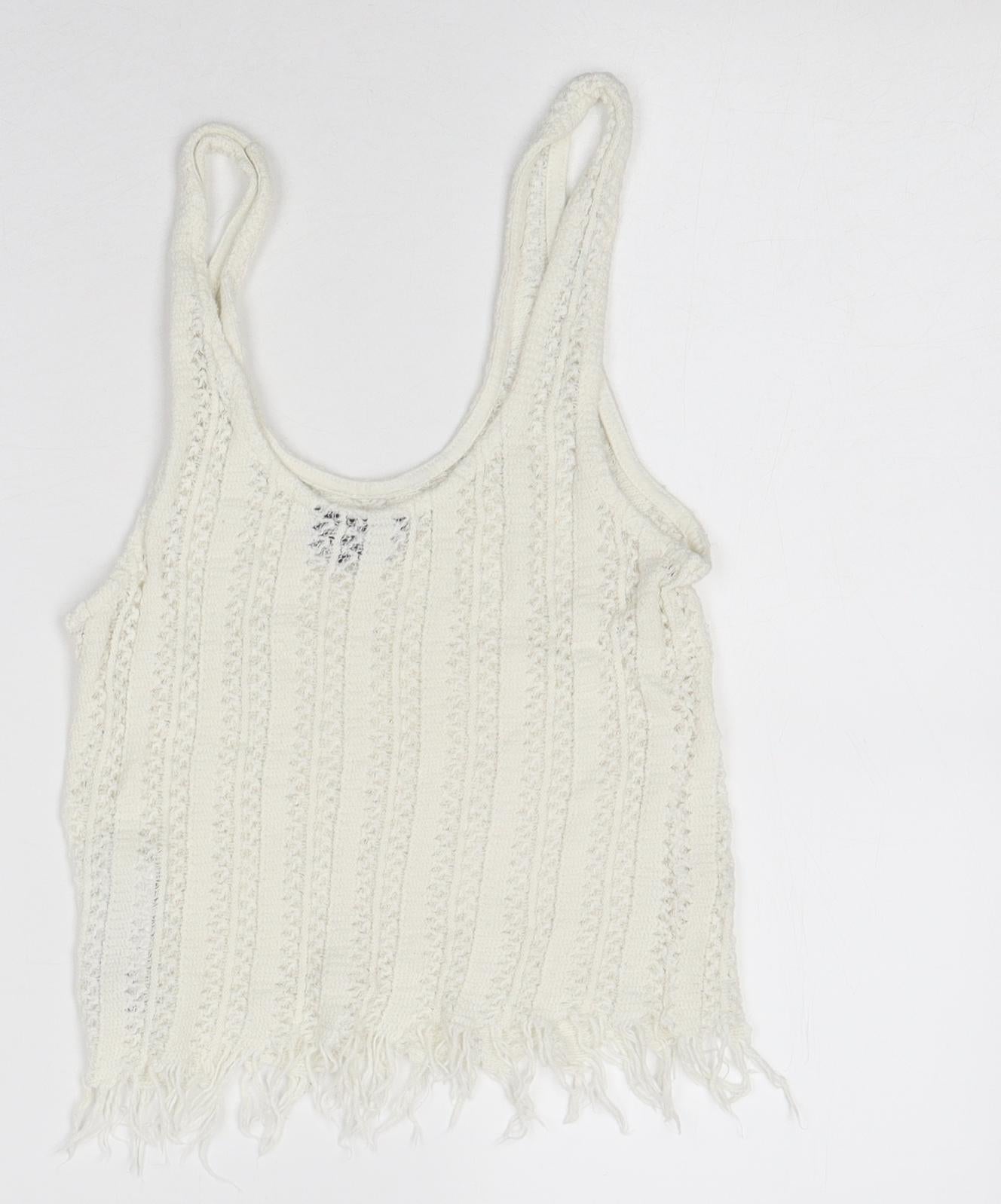 Topshop Womens White Polyester Cropped T-Shirt Size 10 Round Neck