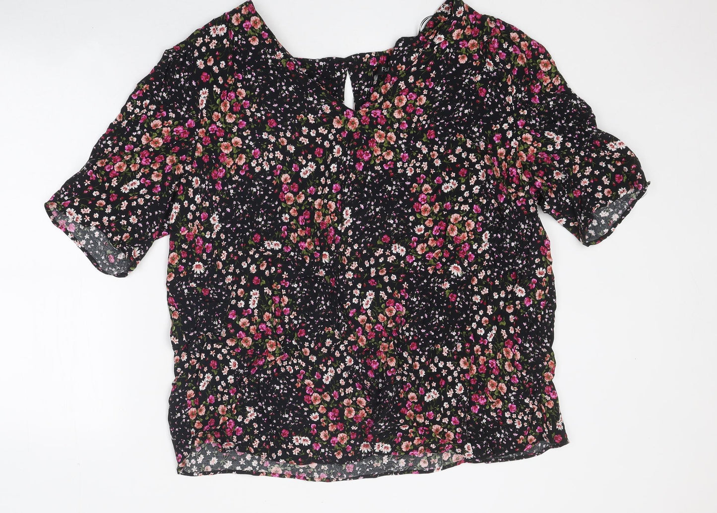 F&F Womens Black Floral Polyester Basic T-Shirt Size 22 Round Neck