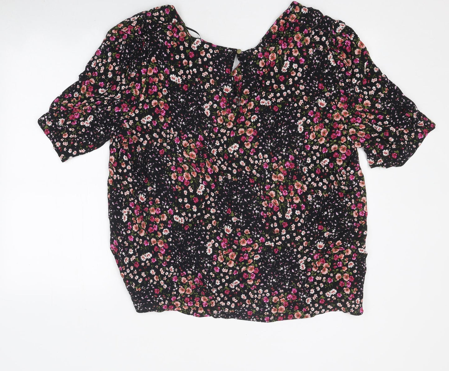 F&F Womens Black Floral Polyester Basic T-Shirt Size 22 Round Neck