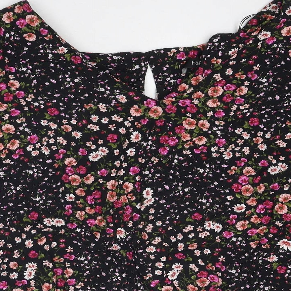 F&F Womens Black Floral Polyester Basic T-Shirt Size 22 Round Neck