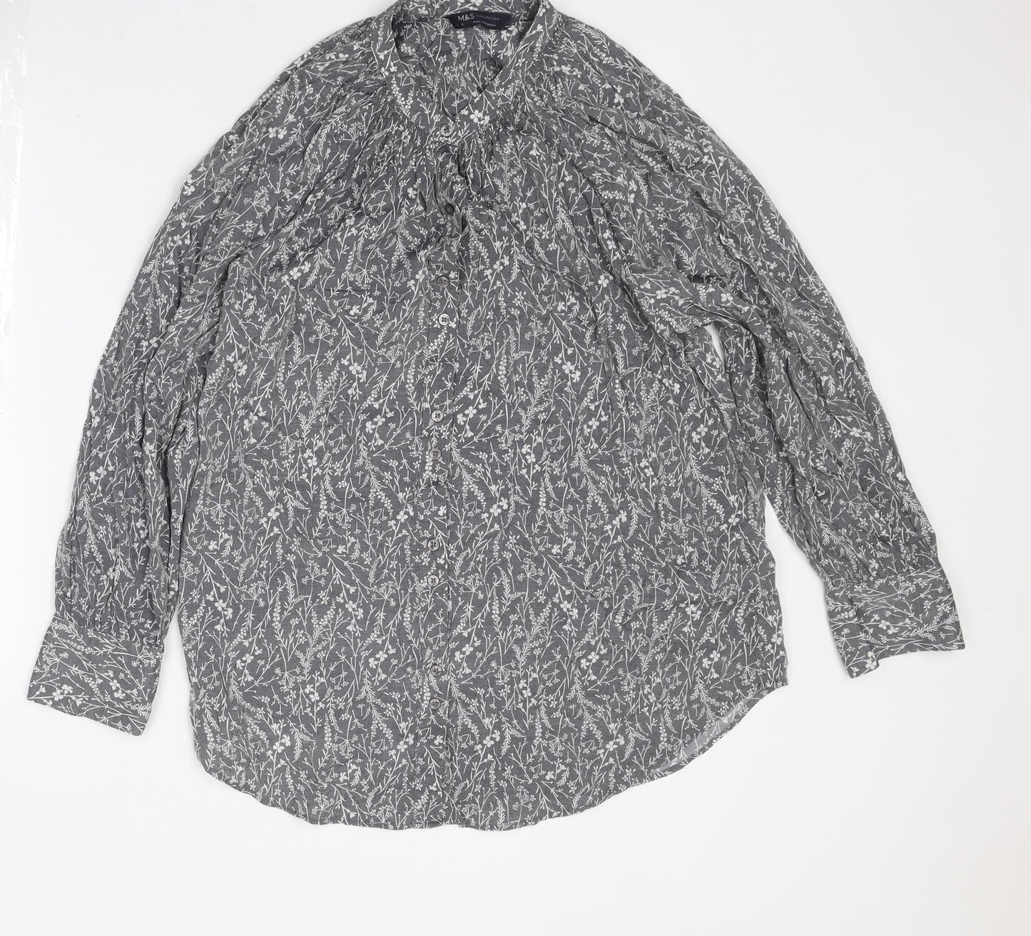 Marks and Spencer Womens Grey Floral Polyester Basic Button-Up Size 12 Collared