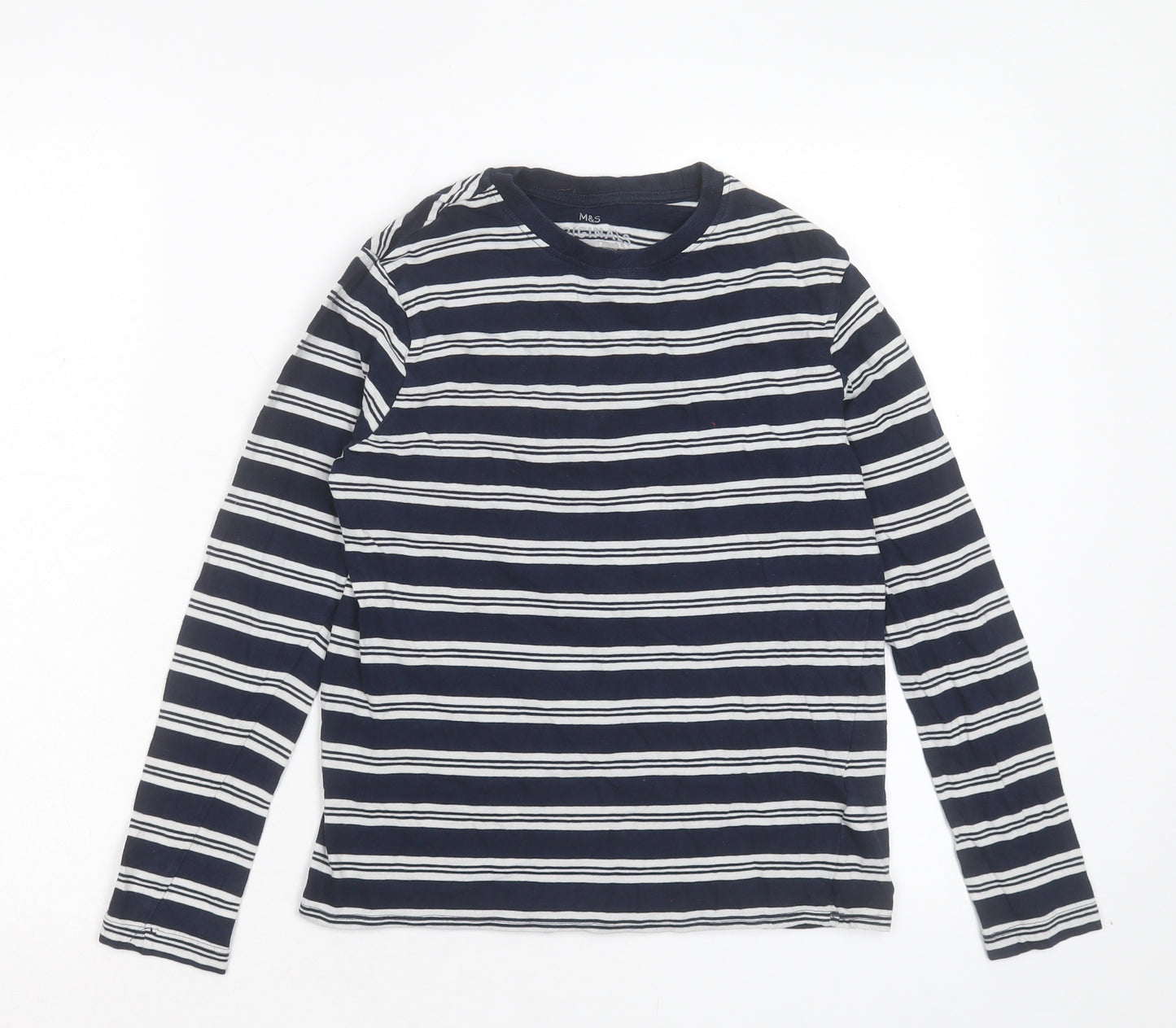 Marks and Spencer Boys Blue Striped Cotton Basic Casual Size 11-12 Years Crew Neck Pullover