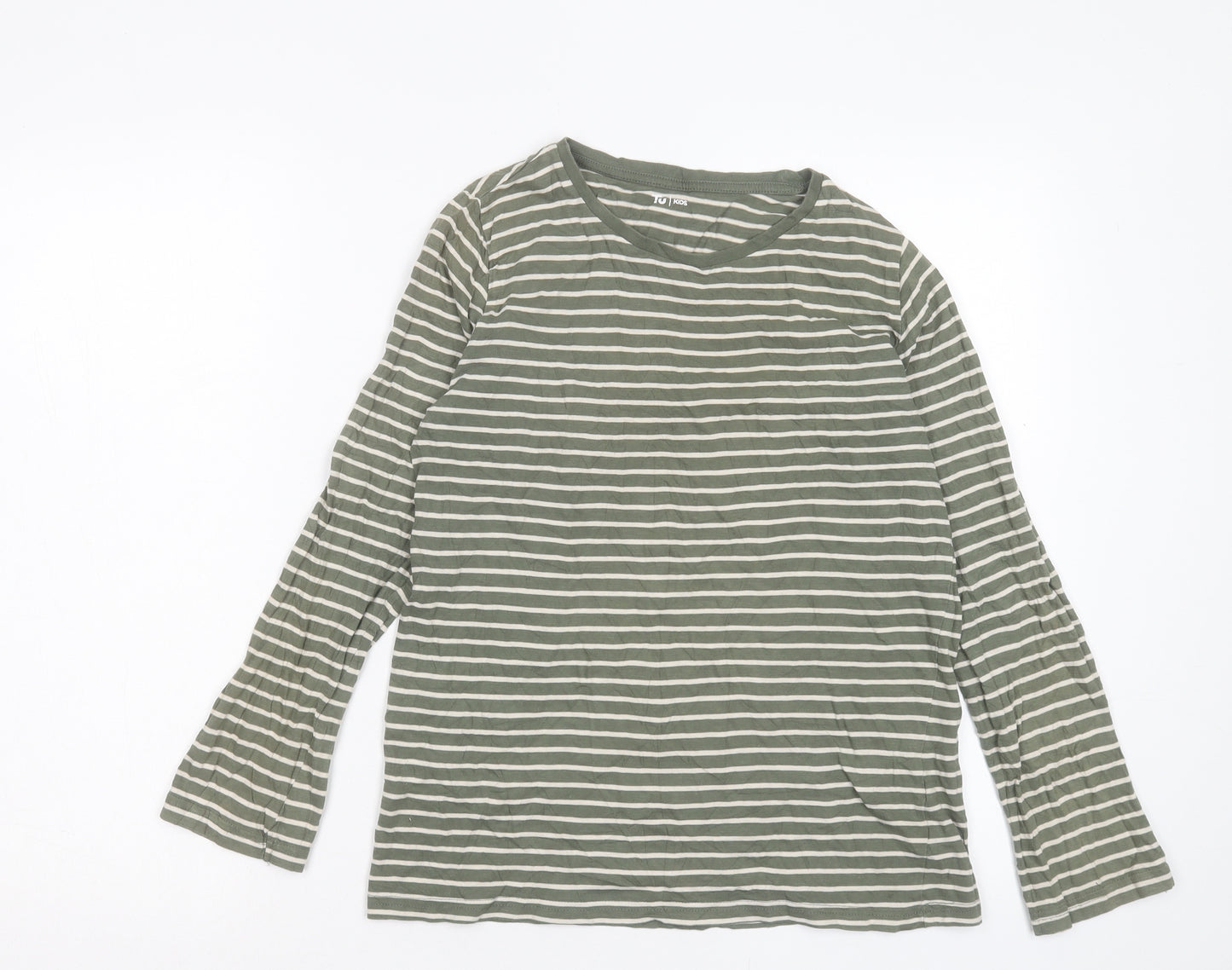 TU Boys Green Striped Cotton Basic Casual Size 14 Years Crew Neck Pullover