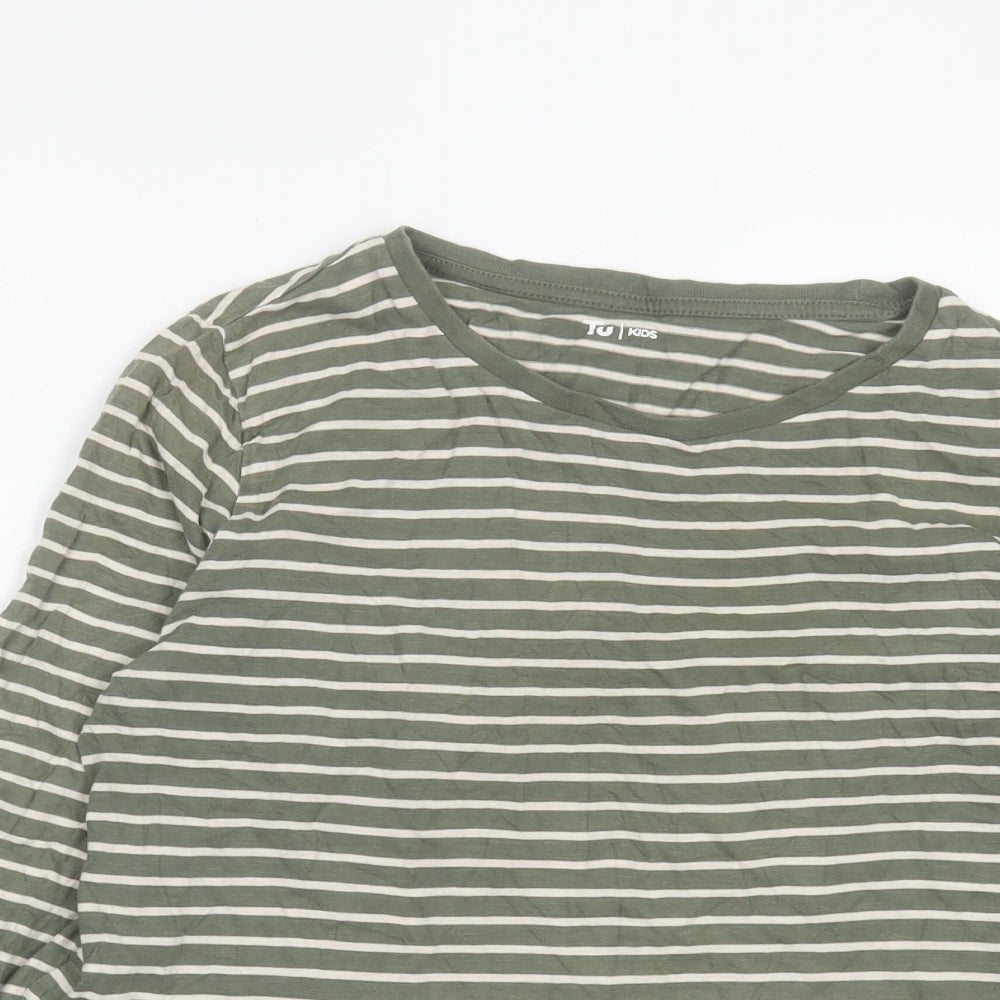 TU Boys Green Striped Cotton Basic Casual Size 14 Years Crew Neck Pullover