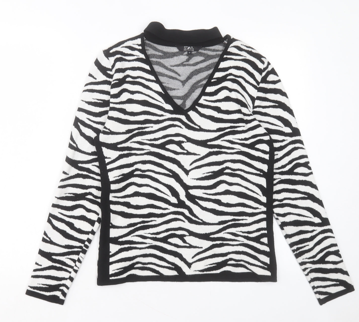 Julian MacDonald Womens Black V-Neck Animal Print Viscose Pullover Jumper Size 12