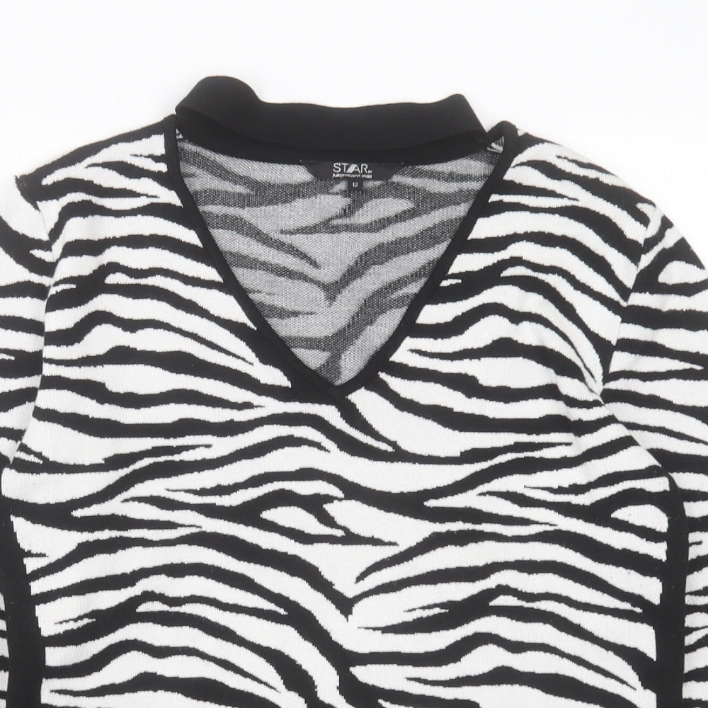 Julian MacDonald Womens Black V-Neck Animal Print Viscose Pullover Jumper Size 12