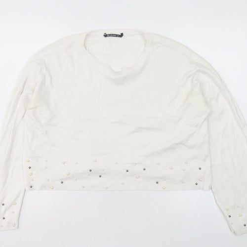 Stradivarius Womens White Crew Neck Acrylic Pullover Jumper Size S