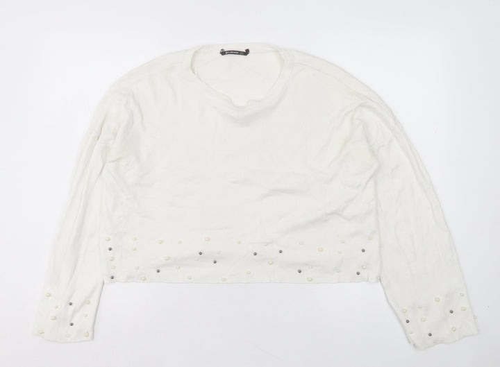 Stradivarius Womens White Crew Neck Acrylic Pullover Jumper Size S