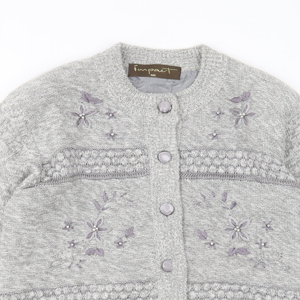 Impact Womens Grey V-Neck Floral Angora Cardigan Jumper Size M
