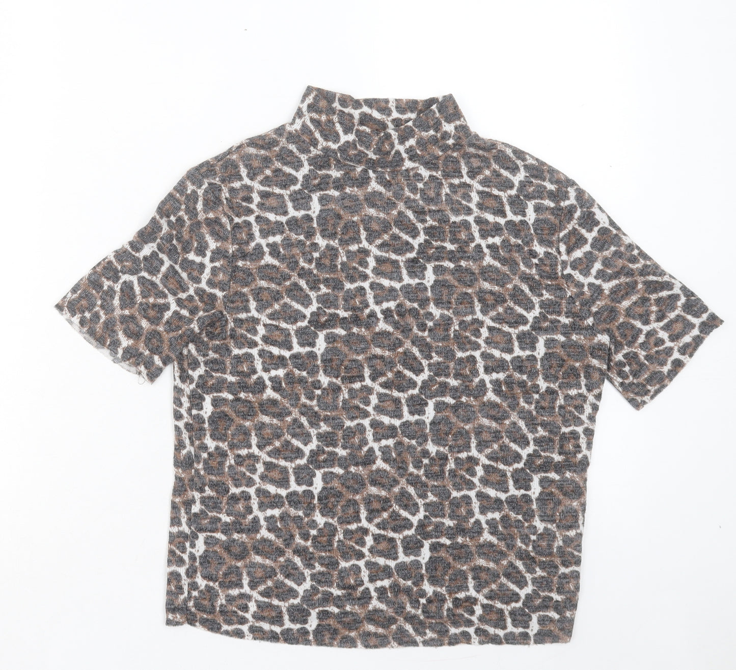 Zara Womens Brown Animal Print Polyester Cropped T-Shirt Size S Round Neck