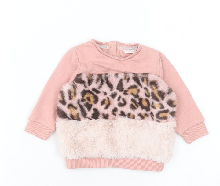 F&F Girls Pink Animal Print Cotton Pullover Jumper Size 0-3 Months Button