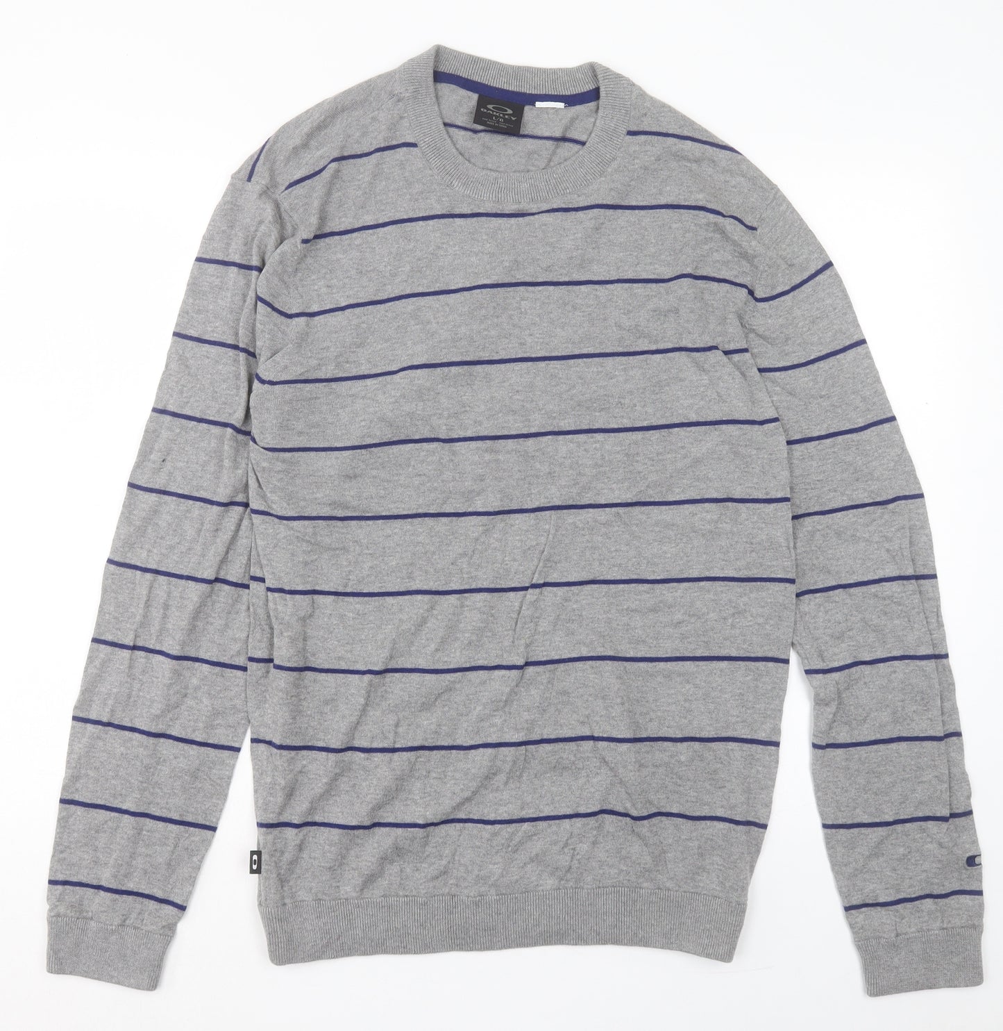 Oakley Mens Grey Crew Neck Striped Cotton Pullover Jumper Size L