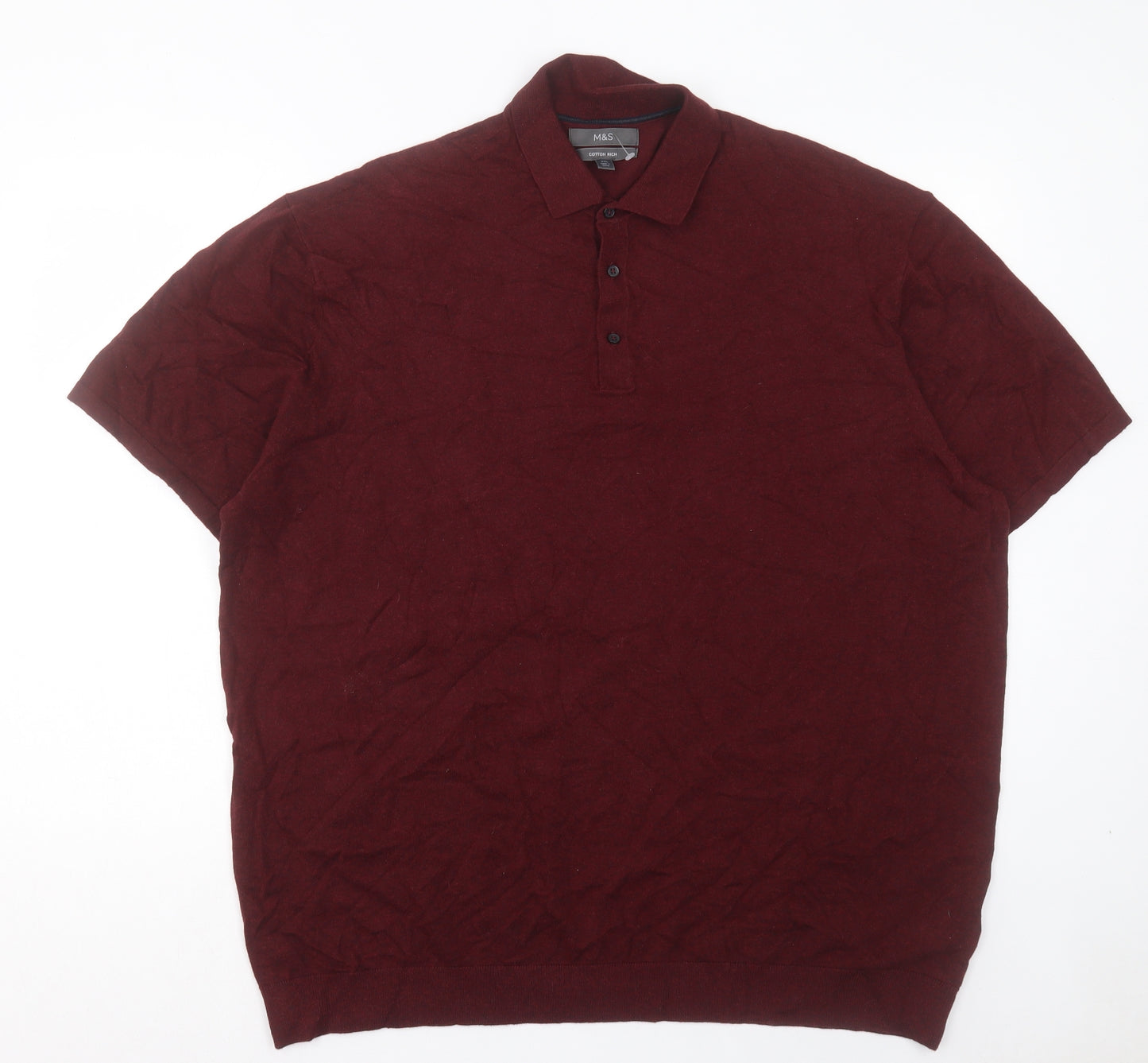 Marks and Spencer Mens Red Cotton Polo Size 3XL Collared Button